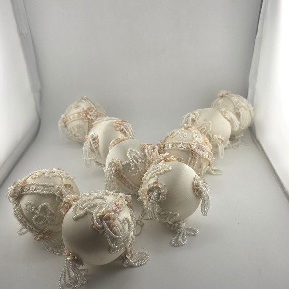 VTG Set of 9 Cream Embellished Bead Sequin Christmas Ornaments Holiday Decor - Picture 1 of 7